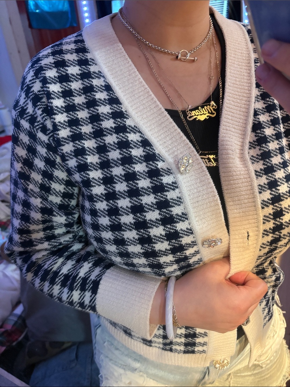 Classic Houndstooth V-Neck Cardigan Sweater navy and cream with crystal buttons